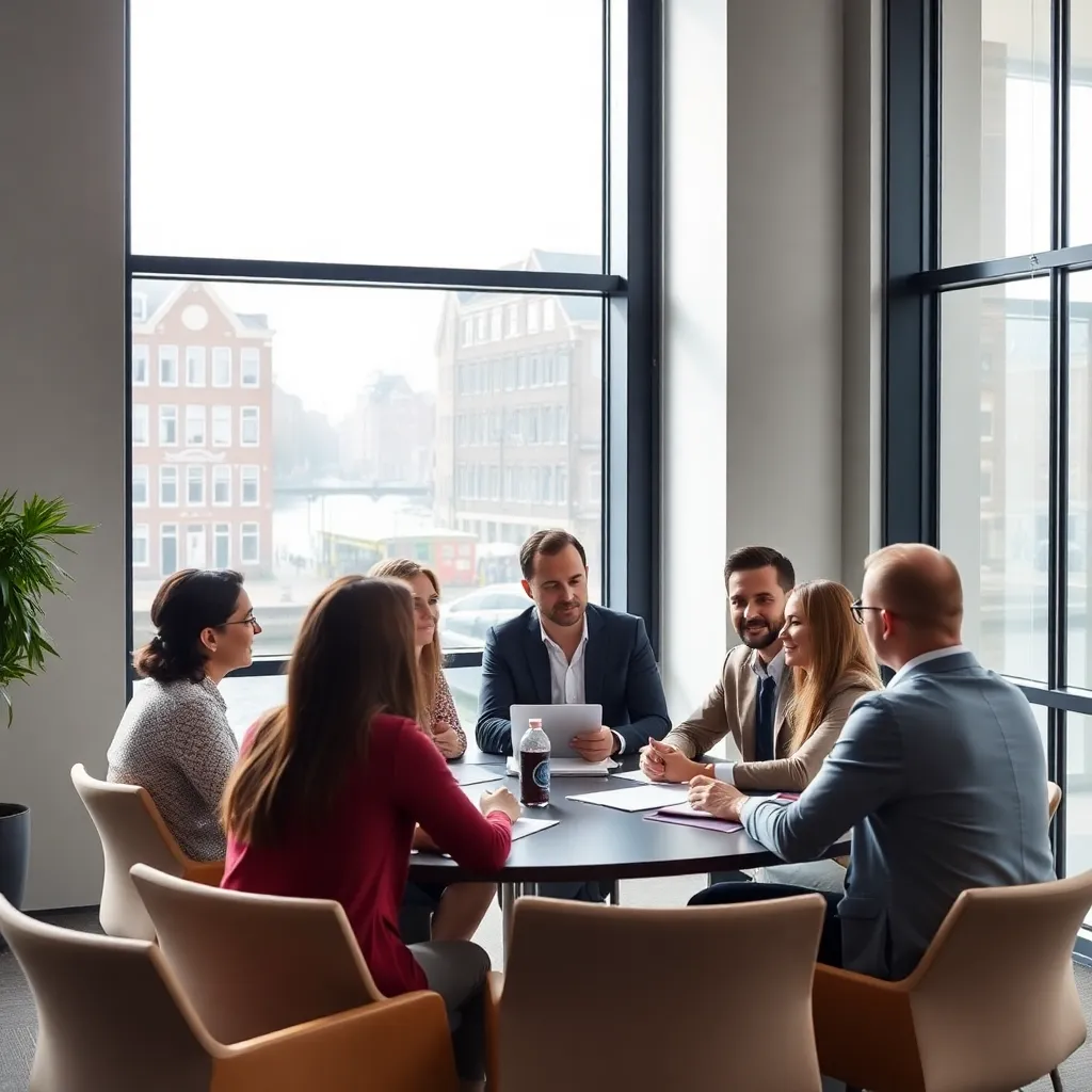Diverse groep professionals in overleg in een modern Nederlands kantoor