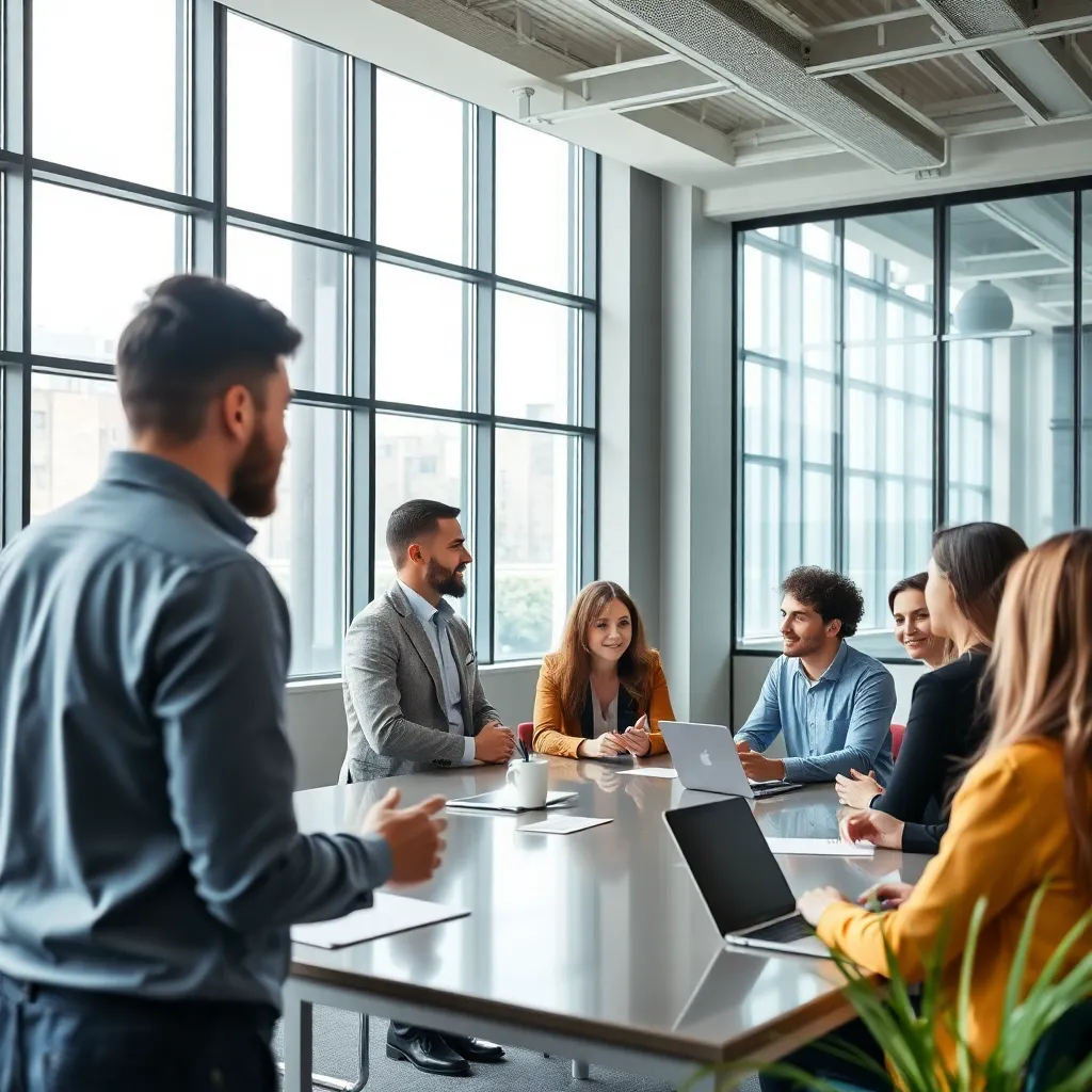 Groep professionals tijdens een training sessie in een moderne vergaderruimte