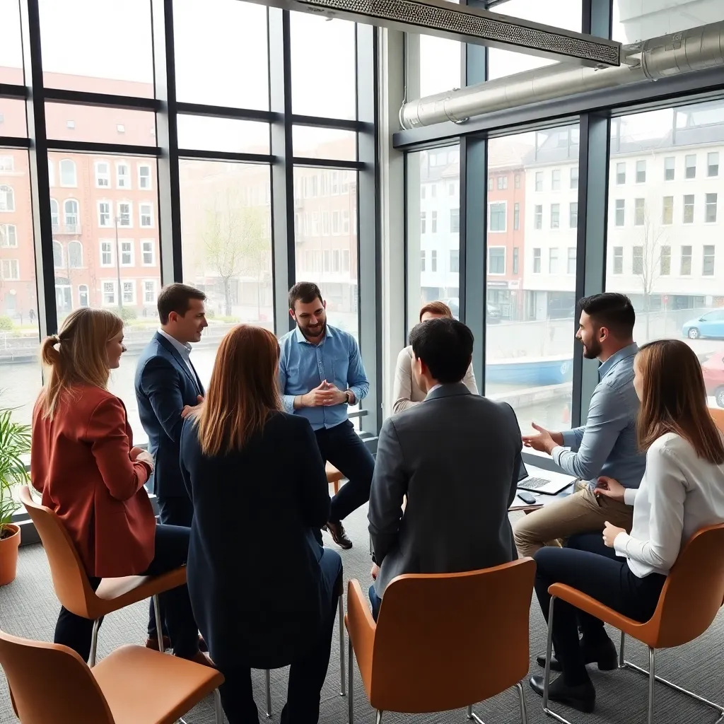 Professionals tijdens een training in een moderne Nederlandse kantooromgeving