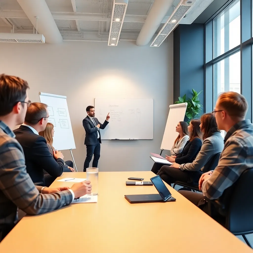 Groep professionals die deelnemen aan een leiderschapstraining